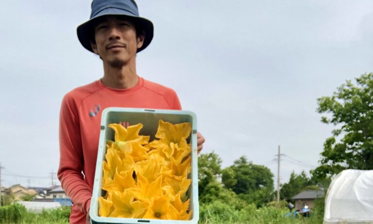 畑で収穫した花ズッキーニを持つVEGETA屋の生産者